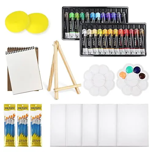 Kit de peinture acrylique avec 24 couleurs, 30 pinceaux, 5 toiles, 1 tampon, 2 palettes, 2 éponges et 1 bois liatif el pour débutants, enfants et adultes