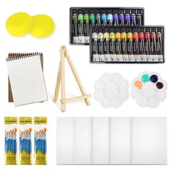 Kit de pintura acrílica con 24 colores, 30 pinceles, 5 lienzos, 1 almohadilla, 2 paletas, 2 esponjas y 1 caballete de madera para principiantes, niños y adultos