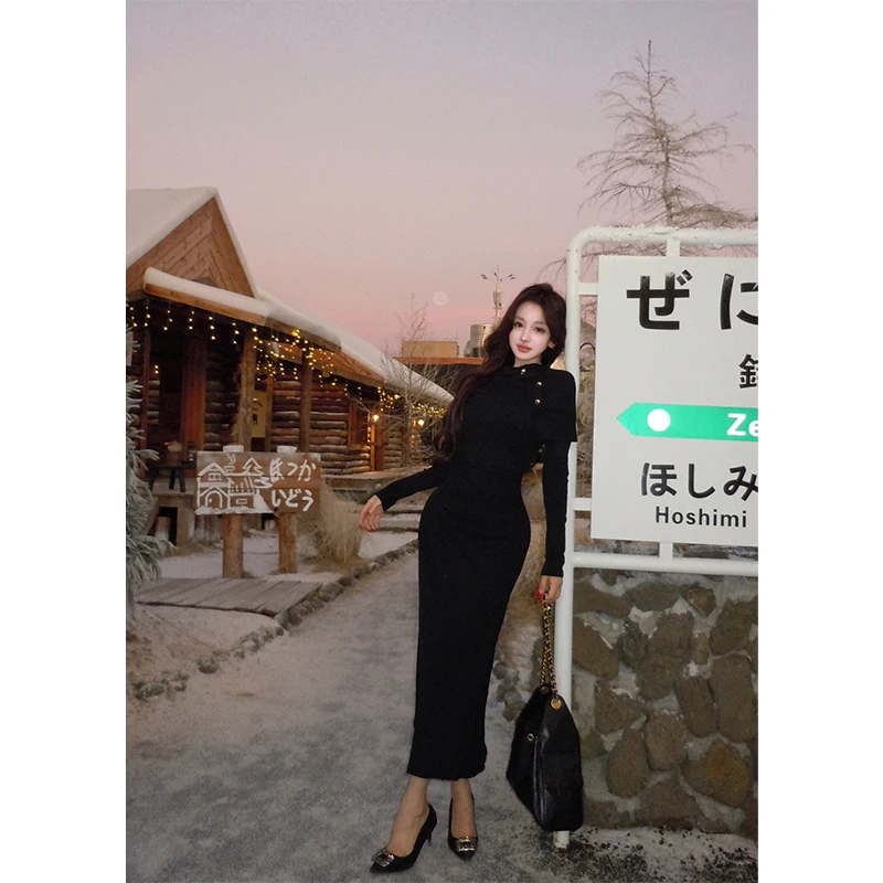 Abito longuette lavorato a maglia nero vintage da donna elegante abito maglione patchwork da festa abiti invernali coreani a maniche lunghe aderenti