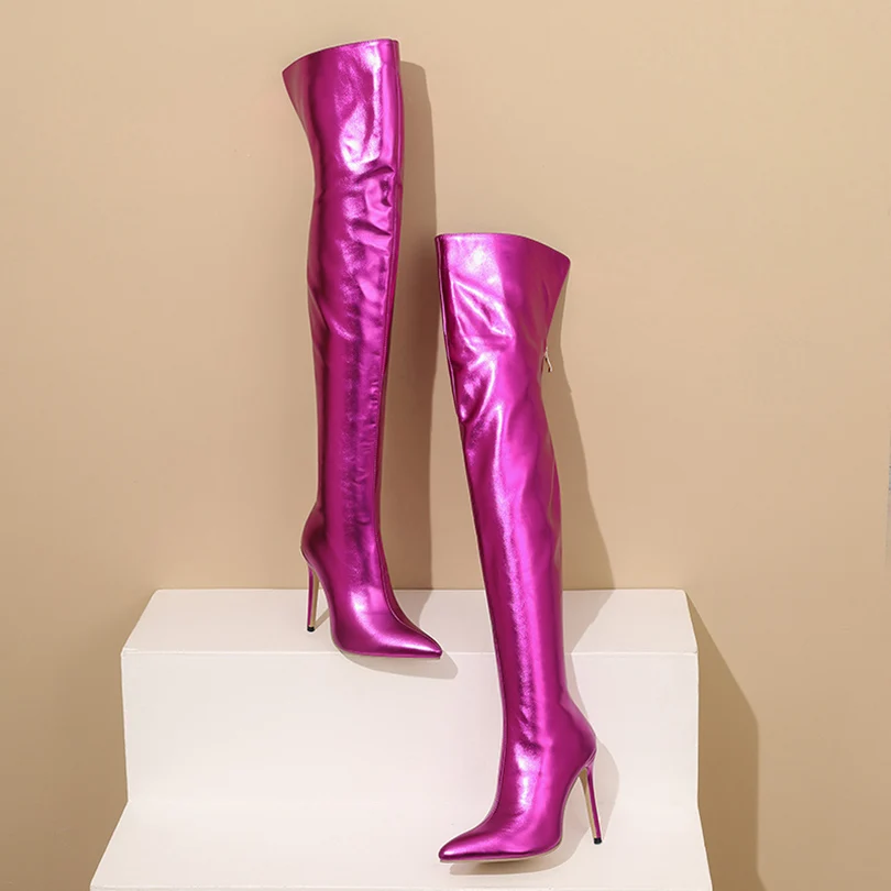 Bright Patent Leather Material Ultra-High Thin Pointed Sexy Over The Knee Boots Breathable Inner Lining Zipper Sewing Long Boots