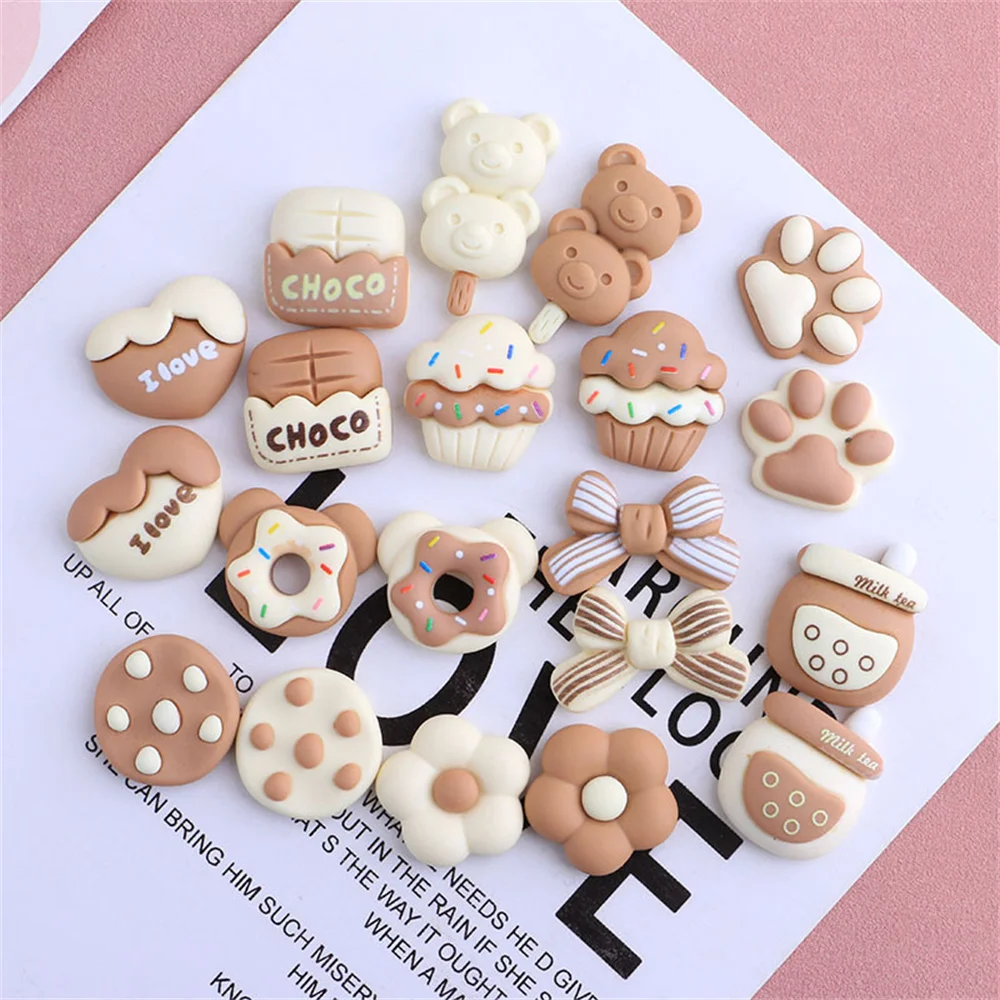 20Pcs Cartoon Resin Food Toy Crafts Cake Donuts Flowers Bowknot DIY Hairpin Brooch Head Rope Jewelry Accessory Phone Decor Patch