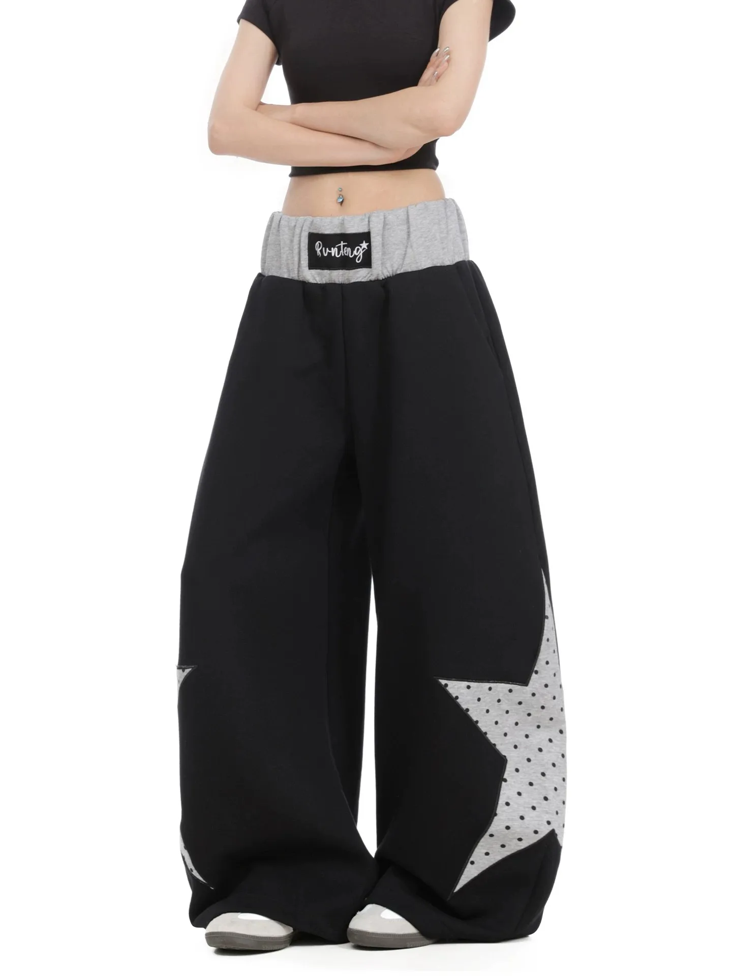 American Style Wide Leg Casual Pants Women's Spring Autumn New Style Jazz Dance Street Style Trousers Trendy Star Patch Decor