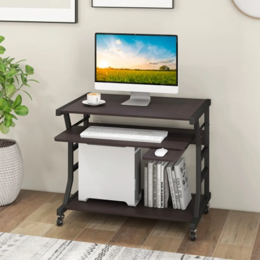 

29.5" Mobile Computer Desk Rolling Laptop Cart with Pull-out Keyboard Tray & Shelf