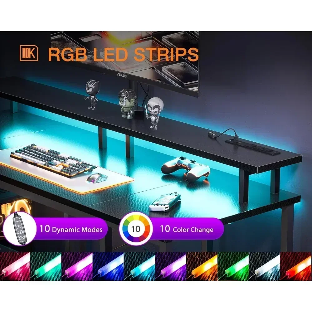 48 inch Gaming Desk with LED Lights & Power Outlets, Computer Desk with Monitor Stand & Storage Sheves, CPU Stand