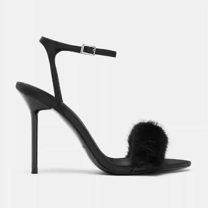 

Сексуальные черные меховые босоножки на шпильке для женщин, пушистые туфли на высоком каблуке с ремешками на щиколотке, вечерние туфли для ночного клуба с открытым носком для вечерних мероприятий