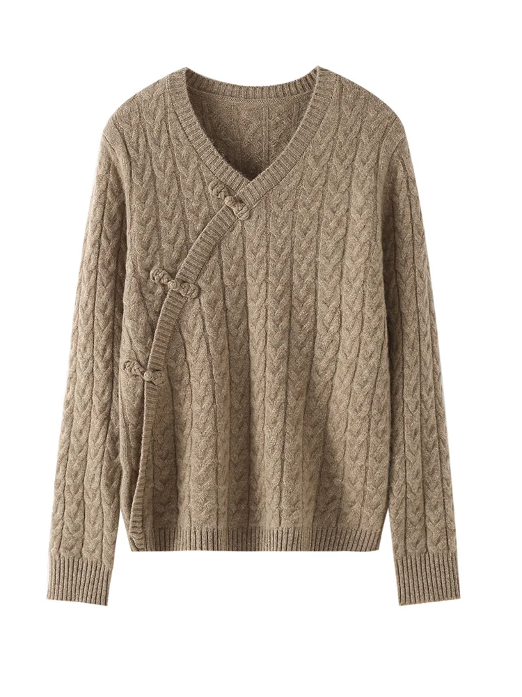 

Женский свитер в китайском стиле с витым узлом, осень-зима, 100% кашемировый трикотаж, пуловер с крестом и v-образным вырезом, модная одежда в стиле ретро Grace