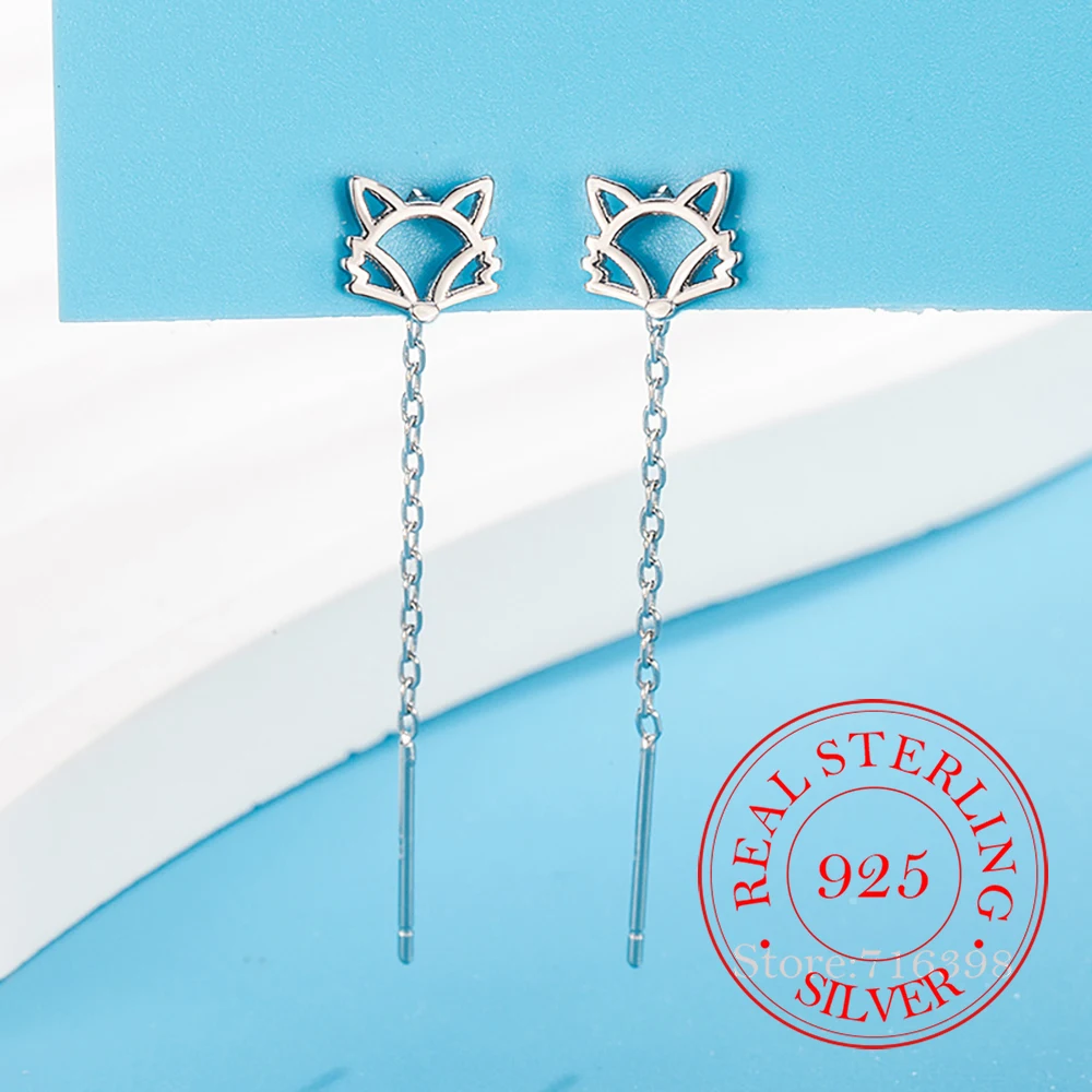 

925 Sterling Silver Jewelry Cute Fox Long Tassel Ear Line Drop Earrings for Women Wedding Party Jewelry For Girls Friend Gift