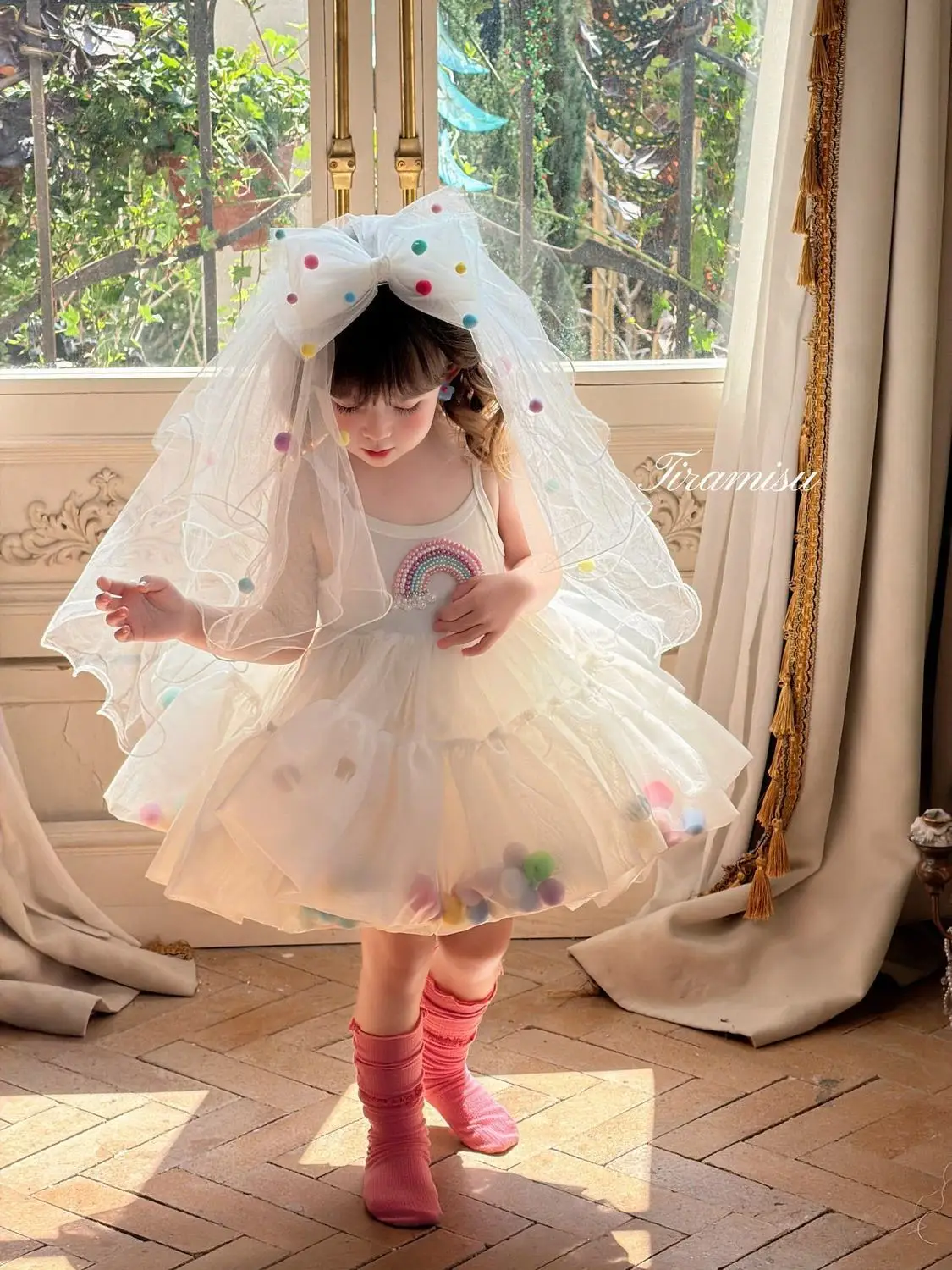 Summer Headscarf Princess Lace Gauze Dress Girl Kawaii Lolita Clothes White Elegant Wedding Birthday Party Tulle Lace Skirts