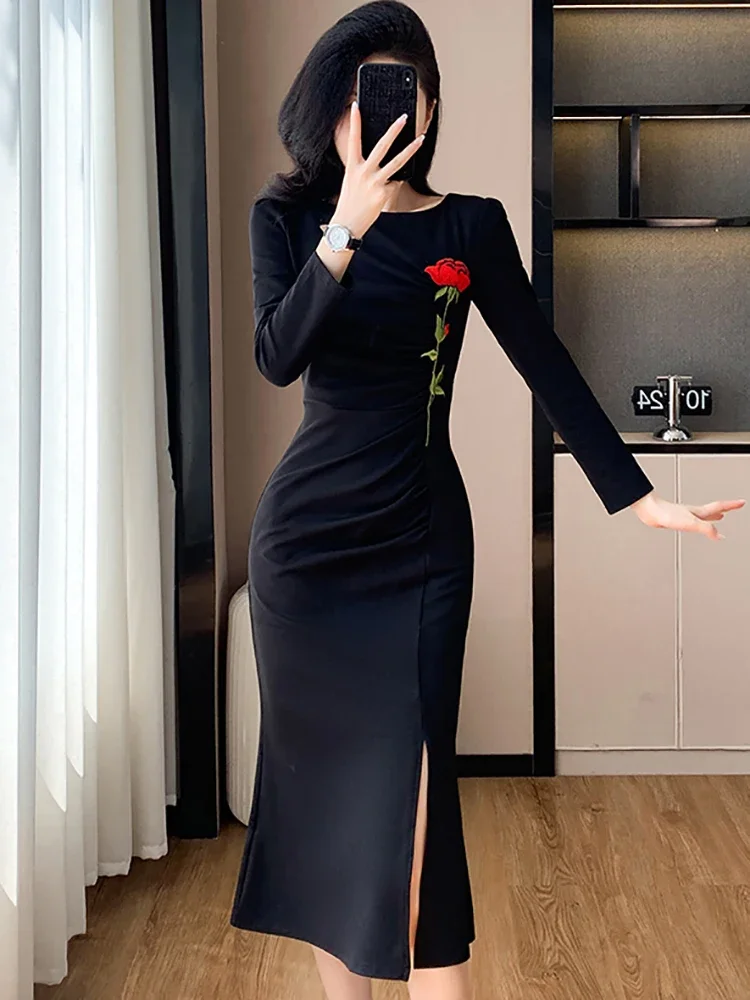 Women Elegant Bodycon Prom Clothes Autumn Winter Black Pleated Embroidery Floral Long Dress 2024 Korean Vintage Hepburn Vestidos