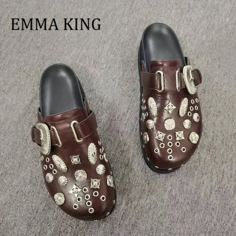 

Women Eyelet-embellished Slippers Fashion Round Toe Silver Tone Buckles Mules Female Chunky Rubber Sole Studded Leather Flats