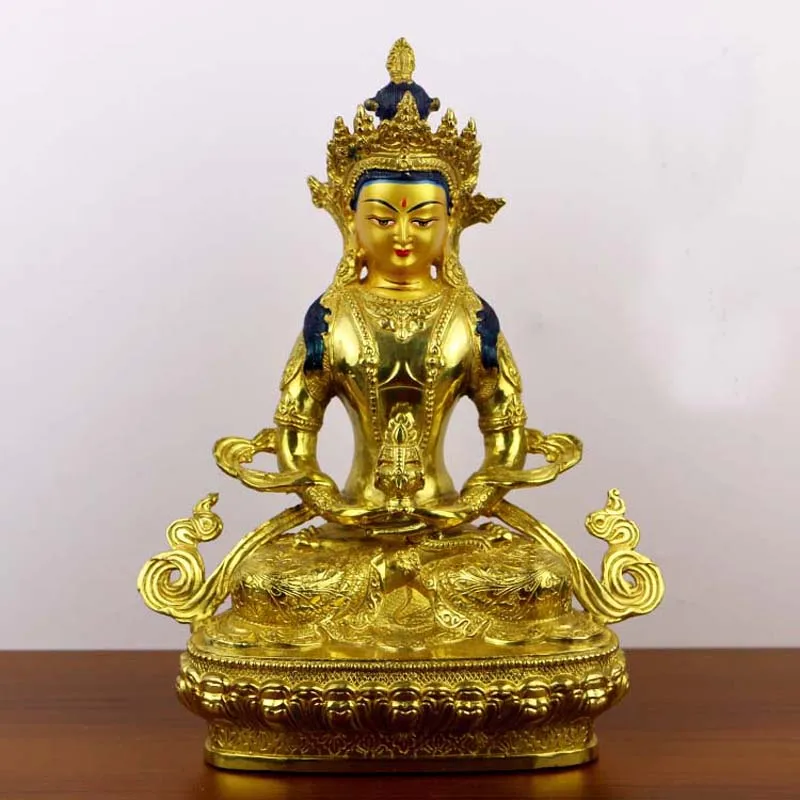 21CM Asia Buddhism Home shop Patron saint gold gilding Amitabha CHANG SHOU FO Buddha statue brass