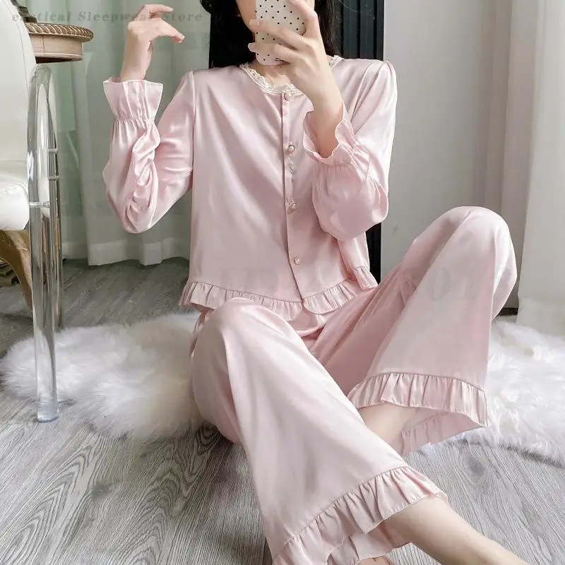 

Female Satin Pajamas Set Loungewear Pink Casual Long Sleeve Shirt&Trouser Sleepwear Nightwear Loose 2Pcs Pijamas Suit Home Wear