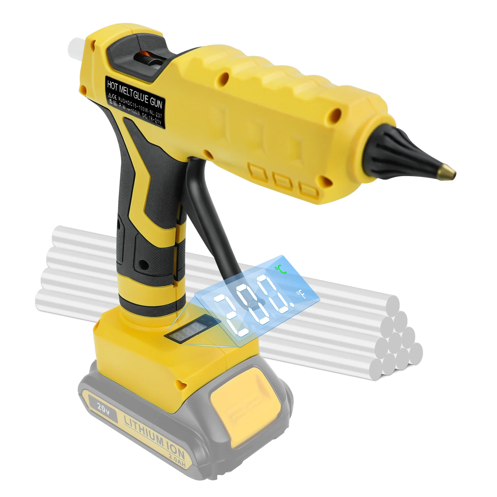 

100W Cordless Hot Glue Gun Temp Adjust LCD Digital Display with 10Pcs 11mm Glue Sticks for Dewalt 20V Battery (No Battery)
