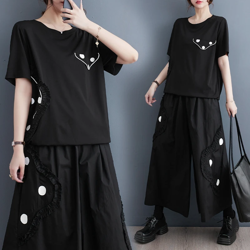 ゆったりとした花柄レースパッチワークファションプリントTシャツワイドレッグパンツツーピースセットサマーコットンブレンドレディースファションアンサンブル