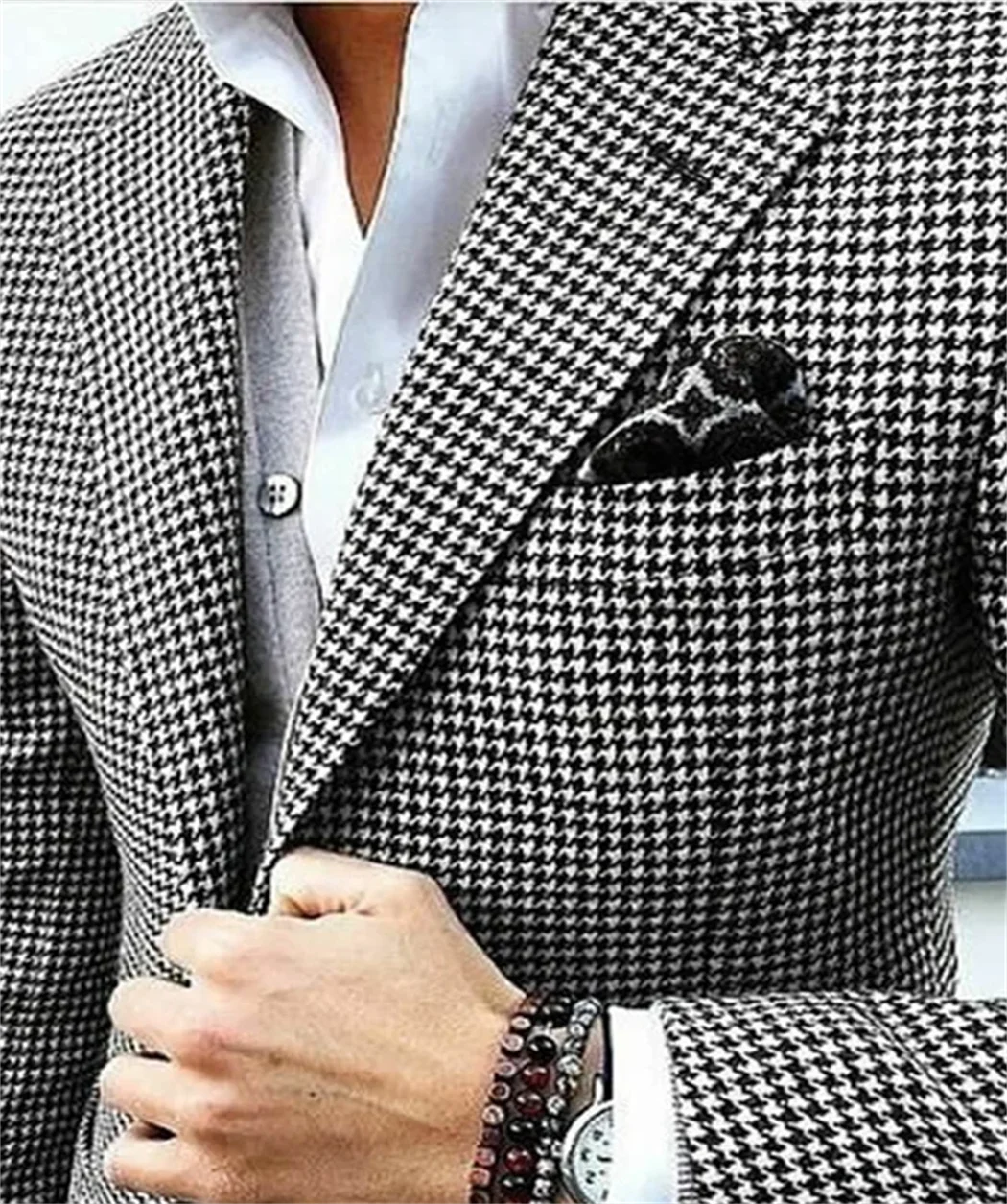 1Pieces Italian Style Men\'s Blazer Houndstooth Casual Man Suit Jacket Notched Lapel One Piece Check Wedding Coat for Prom Party