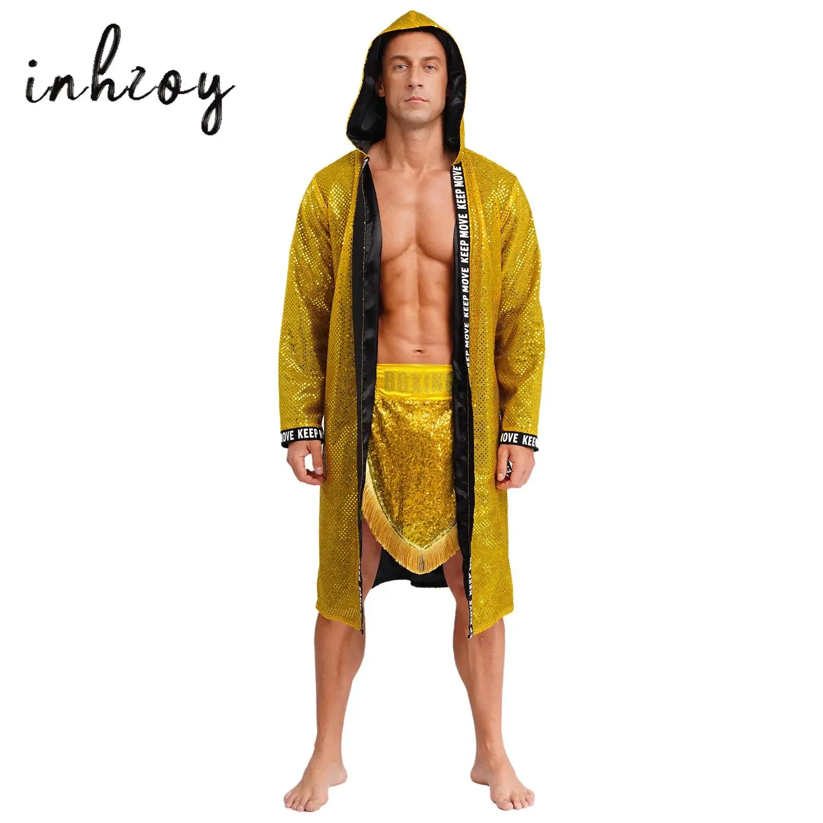 

3Pcs Mens Hooded Long Sleeves Sequins Boxing Robe with Belt and Fringes Boxing Shorts for Boxing Muay Thai Martial Arts Training