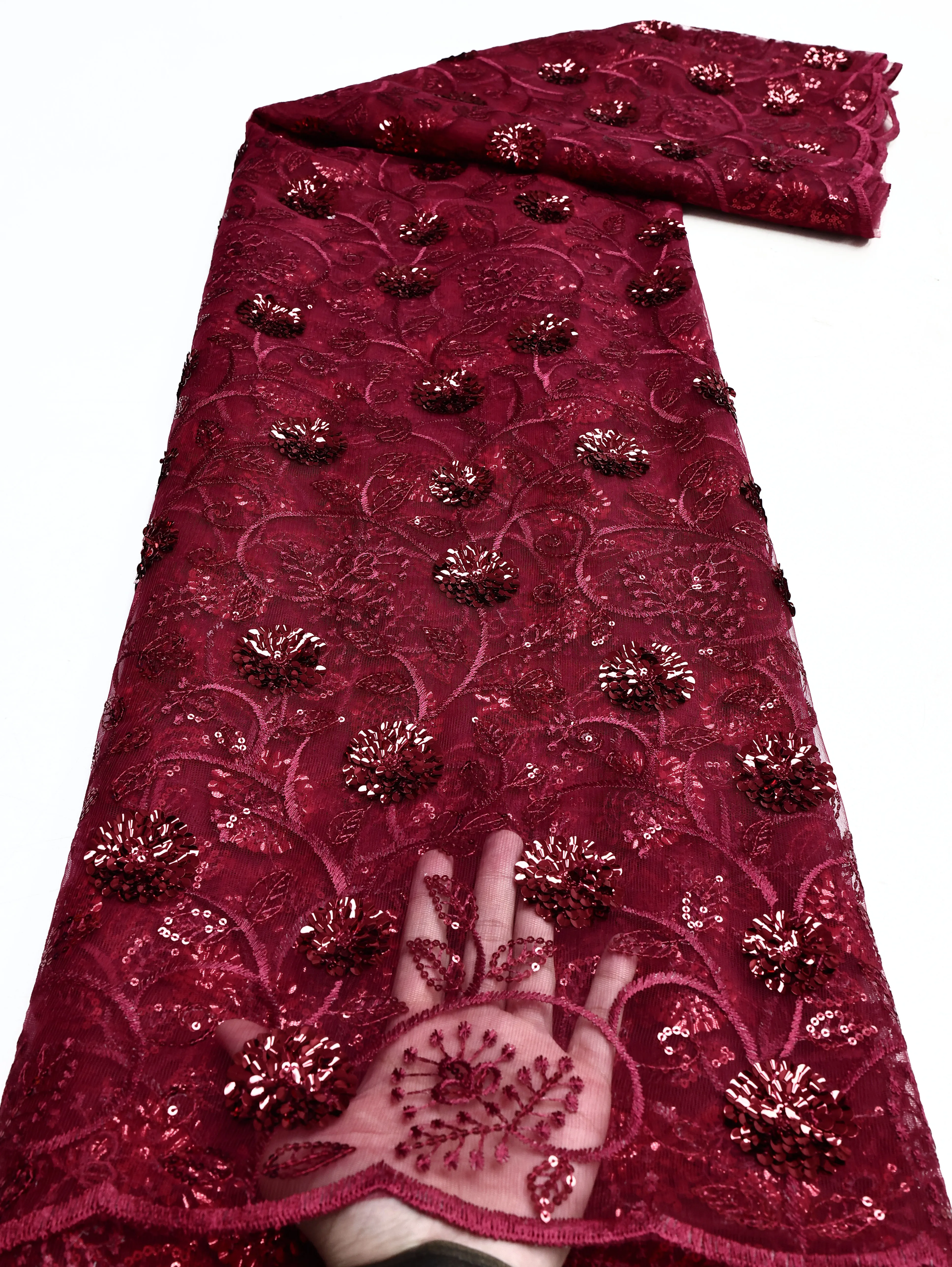 African Sequins Flocking Lace Fabric