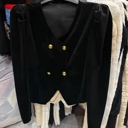 Luxury Women Clothing Spring Autumn Jacket Puff Sleeve V-neck Velvet Coat Double-breasted Office Ladies Cardigan Tops Outerwear