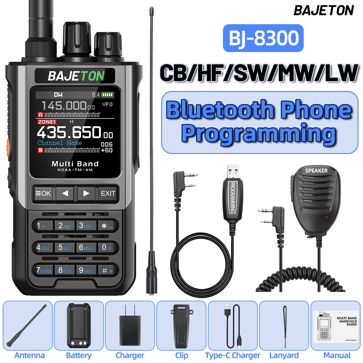 BAJETON BJ-8300 Walkie Talkie 10W Tri Power SW MW LW AM SSB CB Ontvangen Draadloze Bluetooth Telefoon Programmering NOAA twee Manier Radio