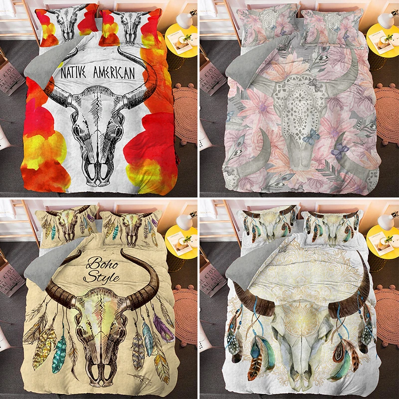 Boho Bull Skull Double Bedding Set King Queen Single Duvet Cover With 1/2pcs Pillowcase Psychedelic Bed Sets