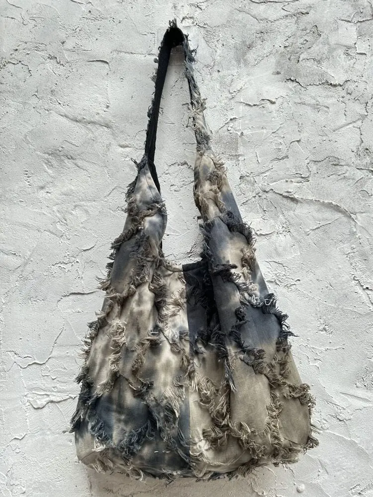 

American Retro Original Tie Dye Diamond Grid Pattern Ruffled Edge Large Capacity Personalized Cotton And Linen Shoulder Bag Tide
