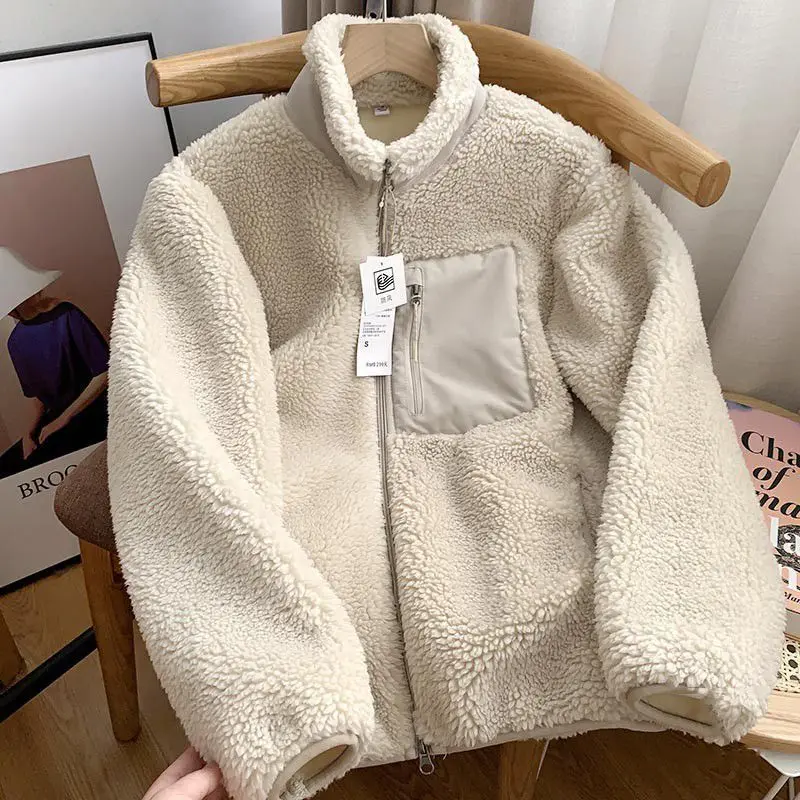 2024 Spring New Korean Hot Style Zipper Loose Stand-up Collar Sweater Couple Style Windproof Pocket Warm Lamb Wool Jacket