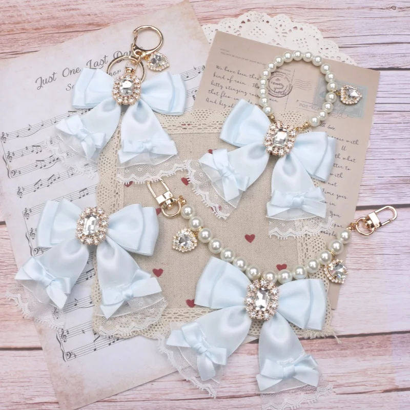 

Японская ручная работа, оригинальная кружевная Лолита со стразами и бантом, жемчугом и бисером, сумка Lta, кулон, аква-синяя подарочная сумка для девочек, аксессуары