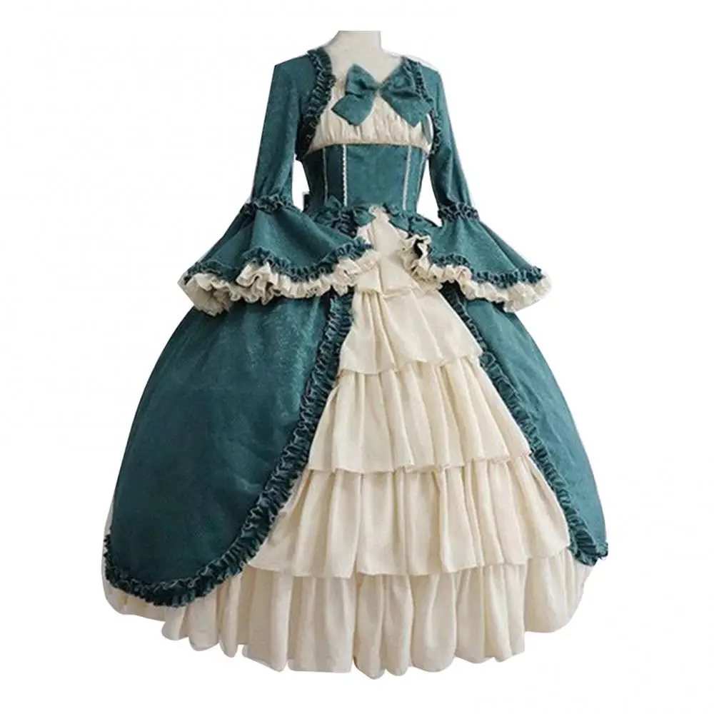 Women's Square Neck Tight Waist Bowknot Medieval Dress Vintage Medieval Victorian Court Lace Stitching Dress Elegant Cake Dress