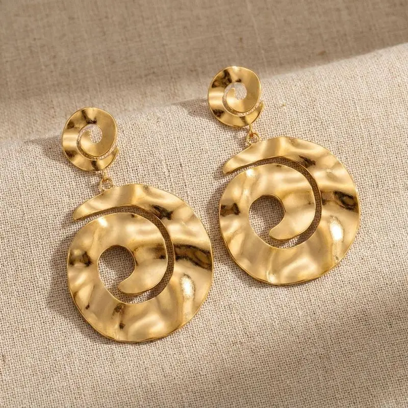 Vintage Hammered Abstract Pendant Earrings Stainless steel vacuum gold-plated bohemian style large women's accessory