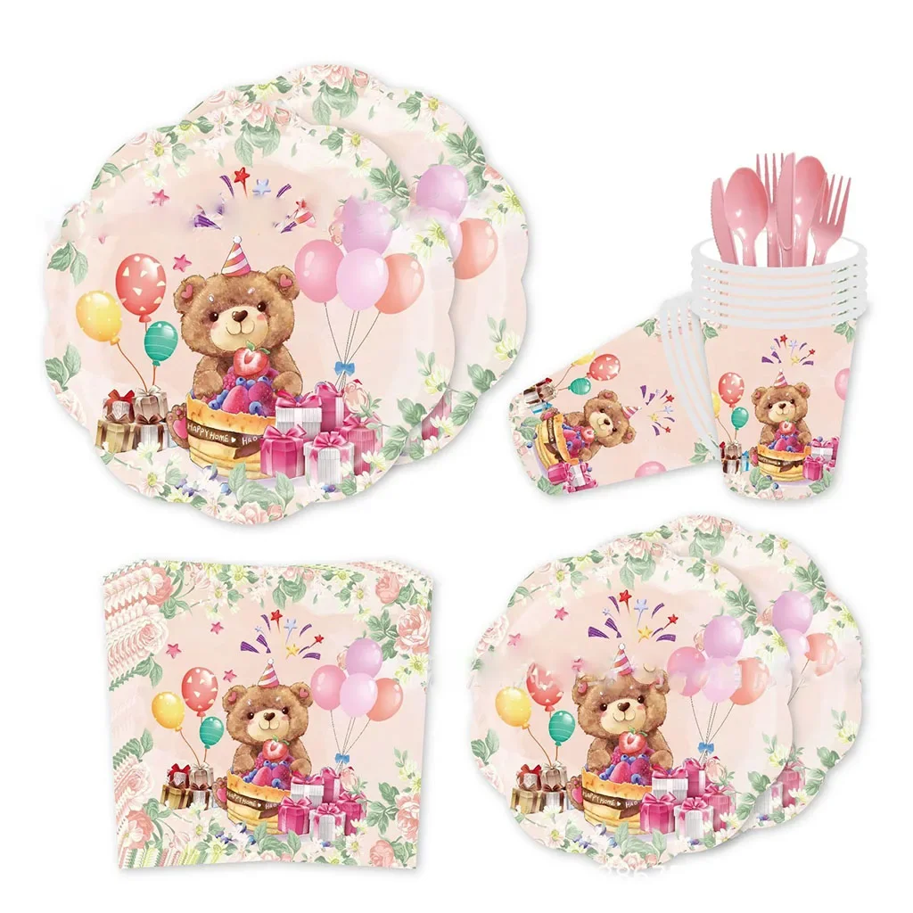 8Guests Pink Bear Theme Disposable Tableware Pink Bear Plate Cup Napkin Babyshower Kids Happy Baby Bear Birthday Party Supplies