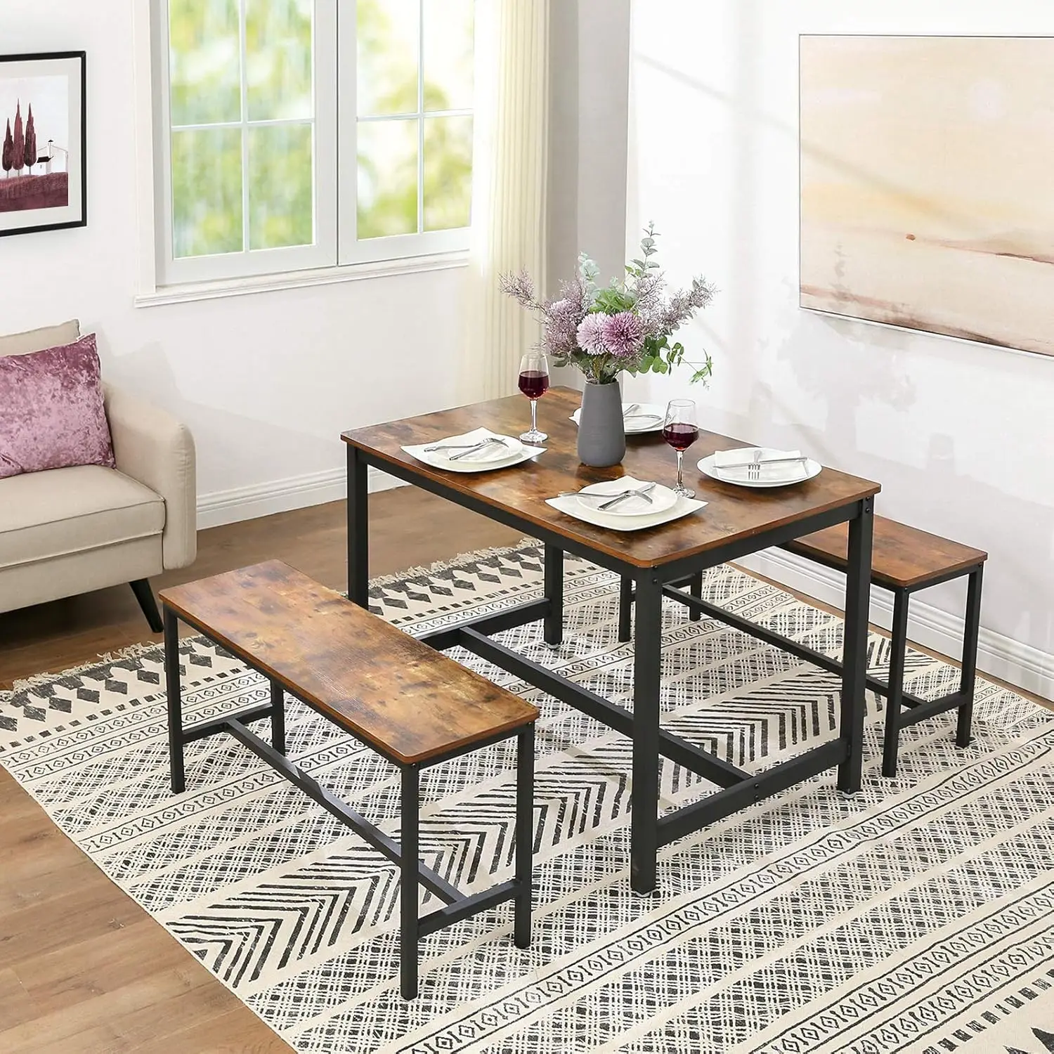 Conjunto de 2 bancos de jantar industriais, estrutura de aço com tampo de madeira rústica para cozinha e sala de estar, 12,8x42,5x19,7 polegadas