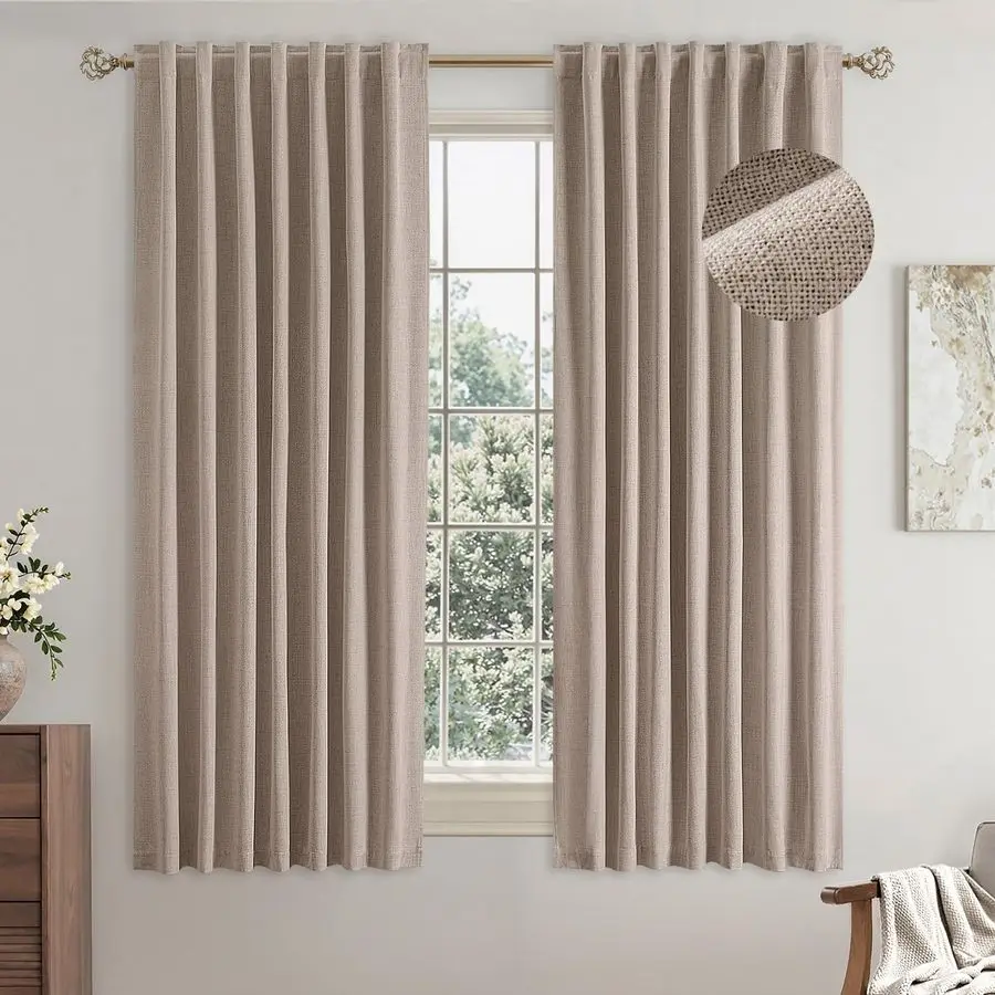 

Beige Linen Blackout Curtains 63 inch Length 2 Panels for Bedroom Living Room Thermal Insulated 100 Black Out Linen Drapes Room