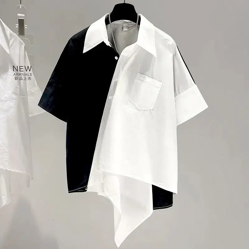 Oversized Shirts Women Patchwork Irregular Design Short Sleeve Shirt Chic Fashion Blouse Trend Thin Top Aesthetic ClothesYY36