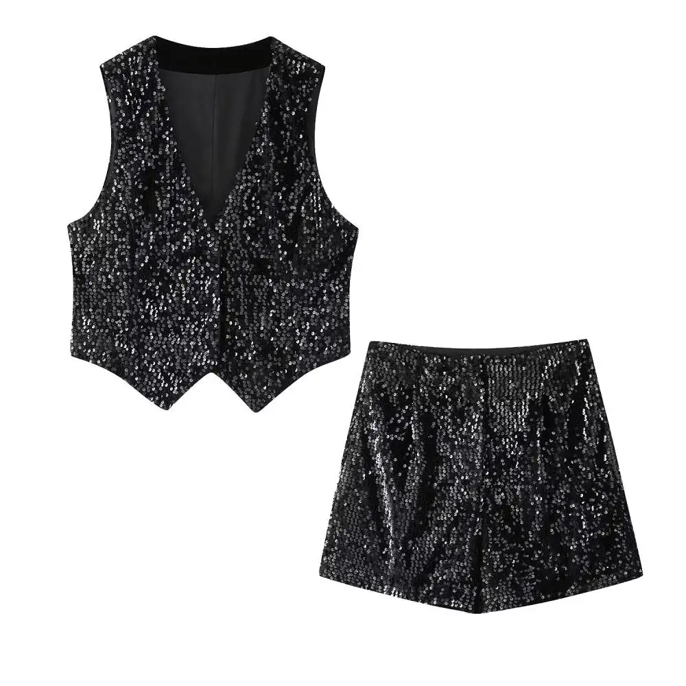 

Bead Embellished Sequin Top Two Piece Set Women's Fashion Solid Color Tight Fitting Sleeveless Vest Summer High Waisted Shorts