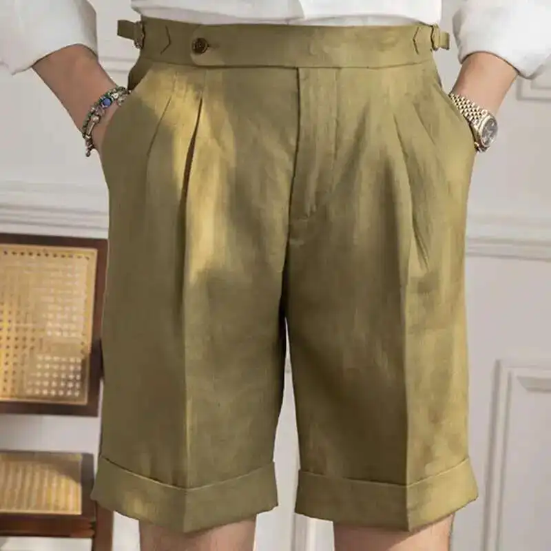 100% Linen Summer Straight Naples Shorts Men Solid Color Business Dress Pants Office Social Casual Slim Fit Shorts