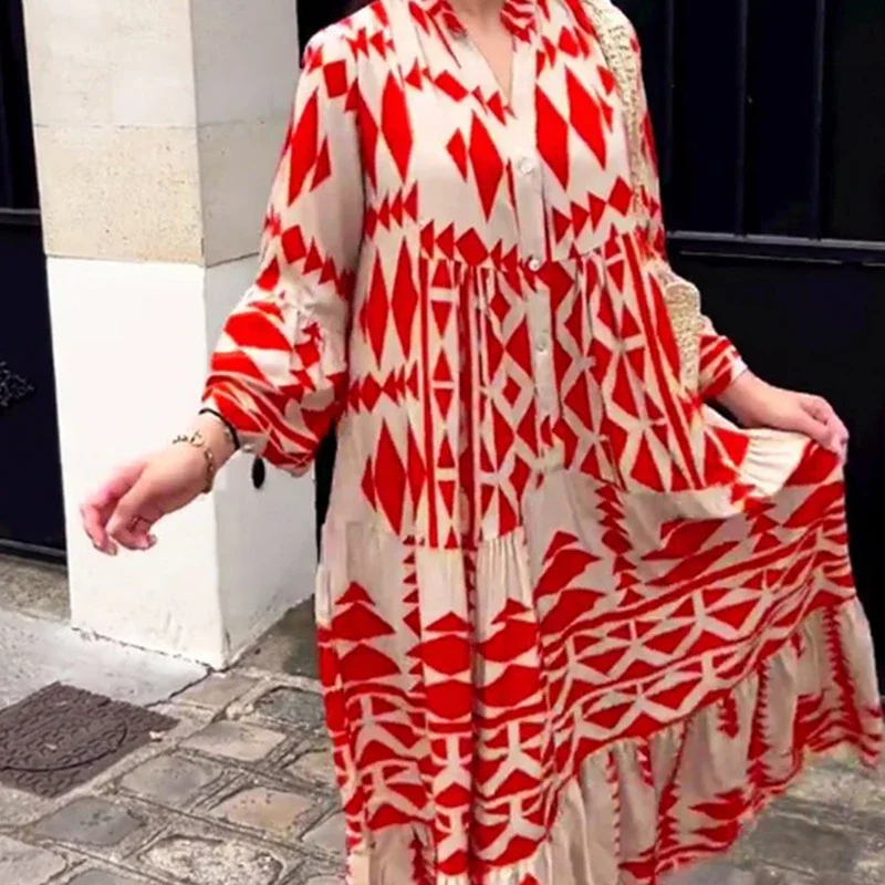 NUOVO 2026 Elegante Estate Maxi Vestito Delle Donne Casual Boho Streetwear Vintage Geometrica V Abiti Da Spiaggia NeckLong Allentato Abiti Femminili