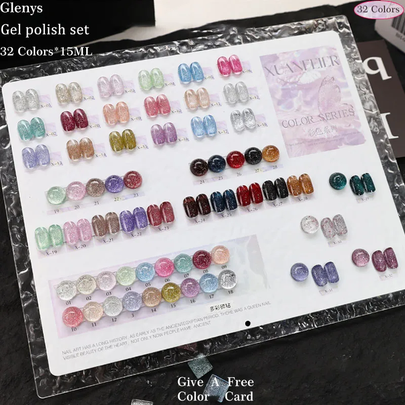 Glenys 32 Color nail polish Glue All Network Popular Colorful Broken Diamond Soaking gel Color Matching Card Clearcoat Set