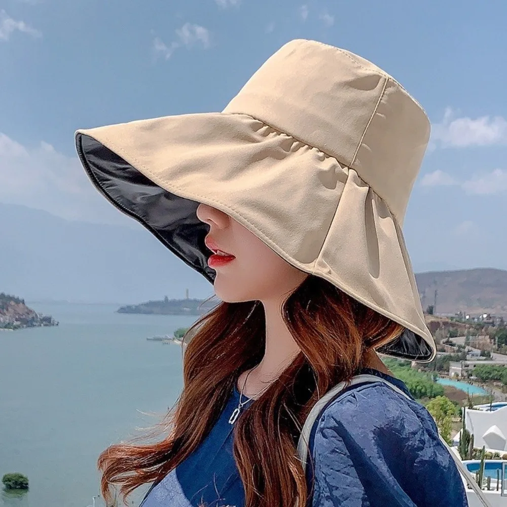 Solid Color Women Fisherman Hat Foldable Adjustable Wide Brim Sun Hat Anti-Ultraviolet with Windproof Rope Sun Protection Hat