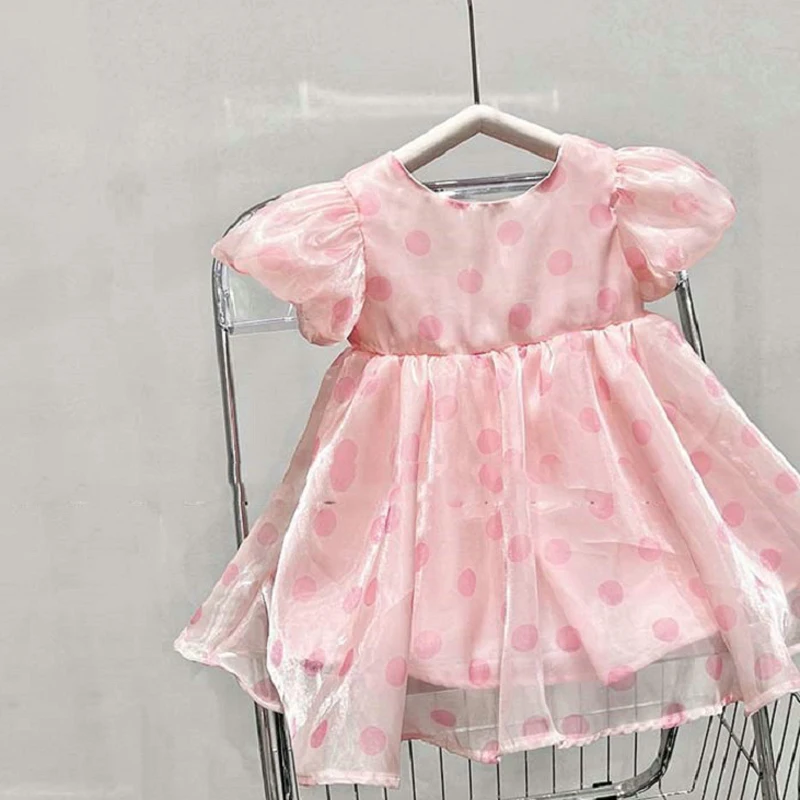 New Girls Summer Princess Dress Outer Wear Children Clothing Polka Dot Tutu Puff Sleeve Bow Evening Vestidos Baby Kids Clothes