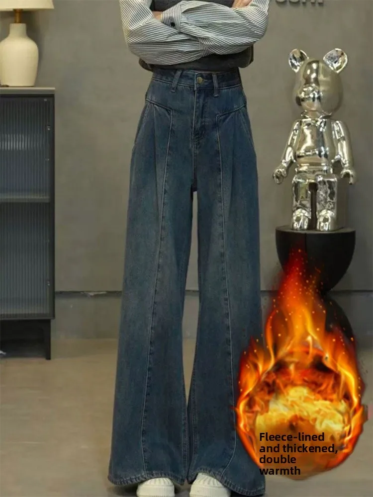 

plus Size Fleece Lined Thick Denim Pants Women Winter New Style Flattering Loose High Waist Straight Leg Wide Leg Jeans