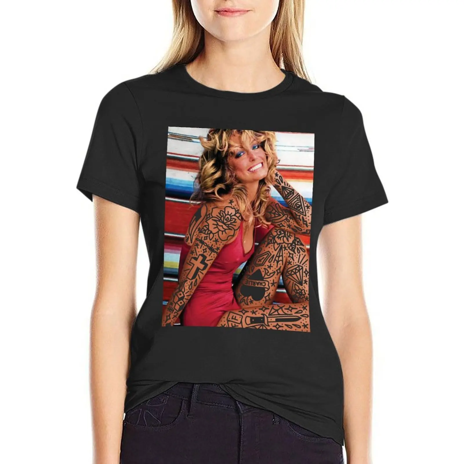 

TATTOOED FARRAH FAWCETT T-Shirt funnys sports fans Women t shirt