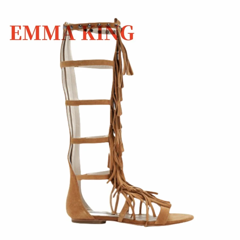 أسود الجلد المدبوغ صنادل طراز جلاديتور المفتوحة تو الصيف مهدب شقة الركبة عالية التمهيد أحذية الشاطئ موضة صندل كاجوال للأحذية النسائية 44