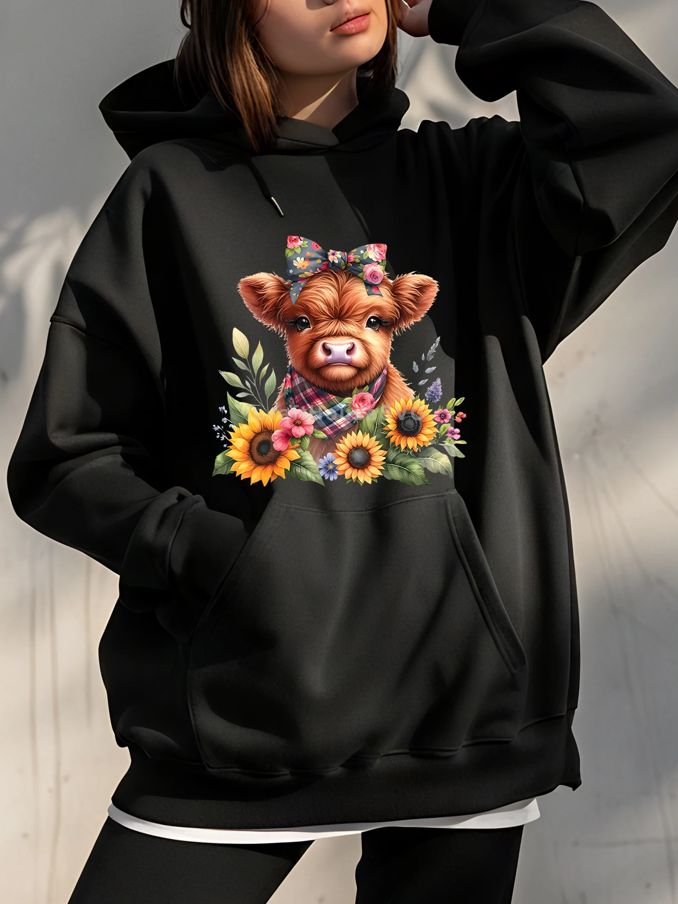 

Милая толстовка с принтом коровы и цветочным принтом подсолнечника, унисекс, повседневная толстовка для женщин и мужчин, осенне-зимняя модная верхняя одежда