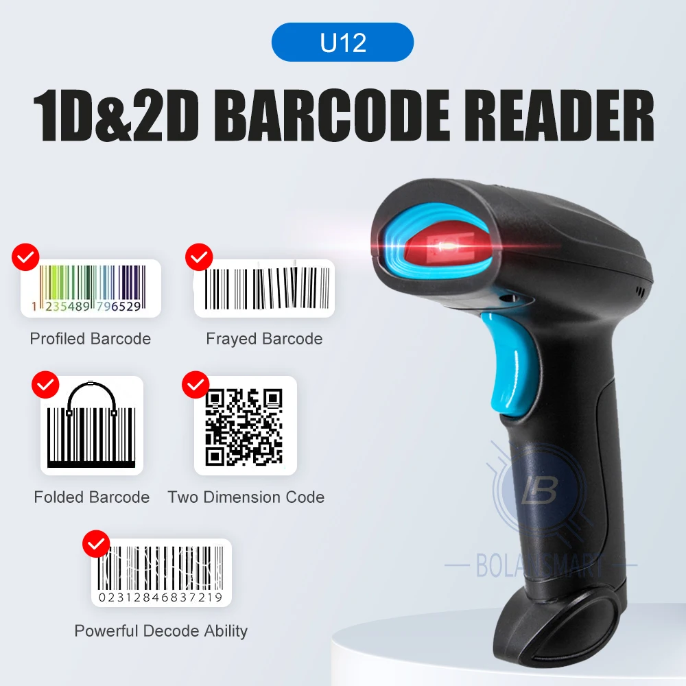 Wired Barcode Scanner sem fio, Bluetooth Bar Code Reader, Omni-Direcional Scanning para Supermercado, Produtos Logística, 1D, 2D