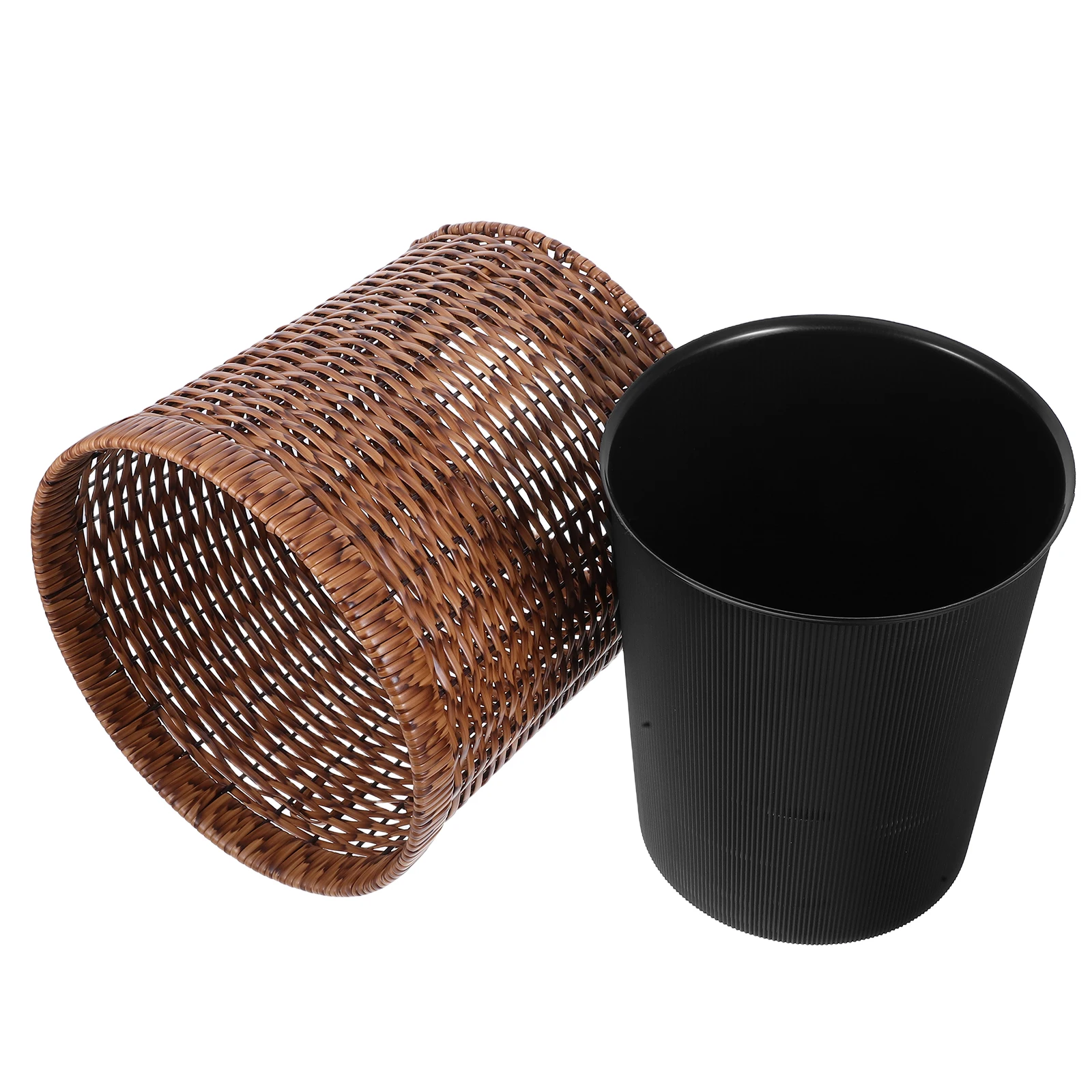 

Rattan like Trash Can Waste Basket Decorative Brown Plastic Garbage Office Home Bath Bedroom Use Large Capacity Retro Style