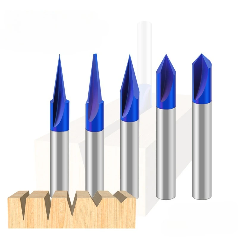 

Woodworking Milling Cutter V-shaped Cutter 1/4 Handle Solid Alloy Nano Blue Cutting Tool 2-edge Slotting Cutter