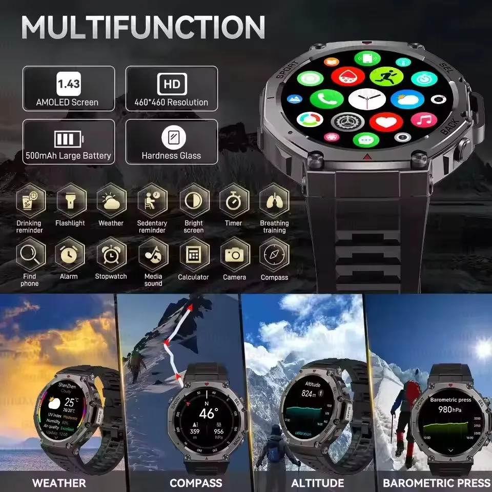 2025 For HUAWEI NEW outdoor Smart Watch 1.43'' AMOLED Display Outdoor Compass Built-in AGPS Bluetooth Call SPORT SWIM Smartwatch
