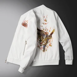 Chinese Style Men's Embroidered Stand Neck Zipper Jacket Spring and Autumn Fashion Solid Color Long Sleeve Pockets Cardigan Coat