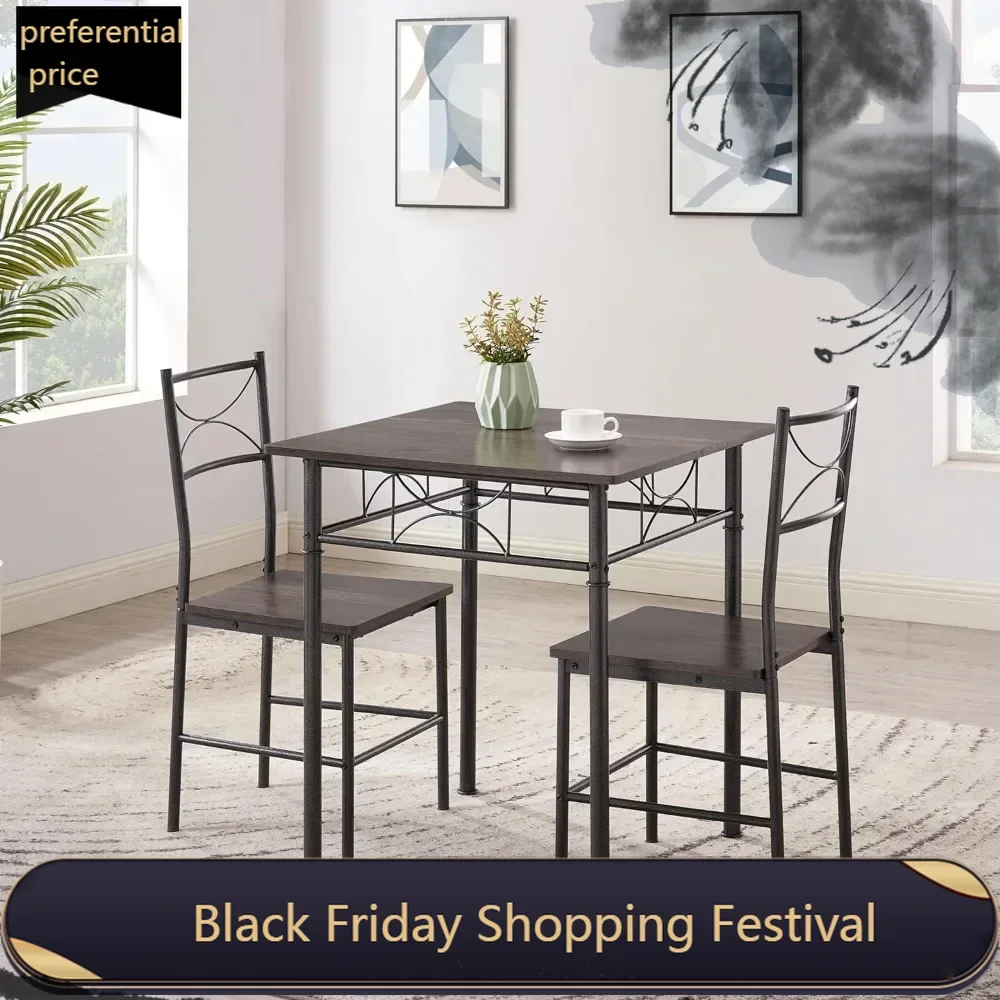 3-Piece Metal and Wood Indoor Modern Square Dining Table Furniture Set for Kitchen, Dining Room, Dinette, Breakfast Nook w