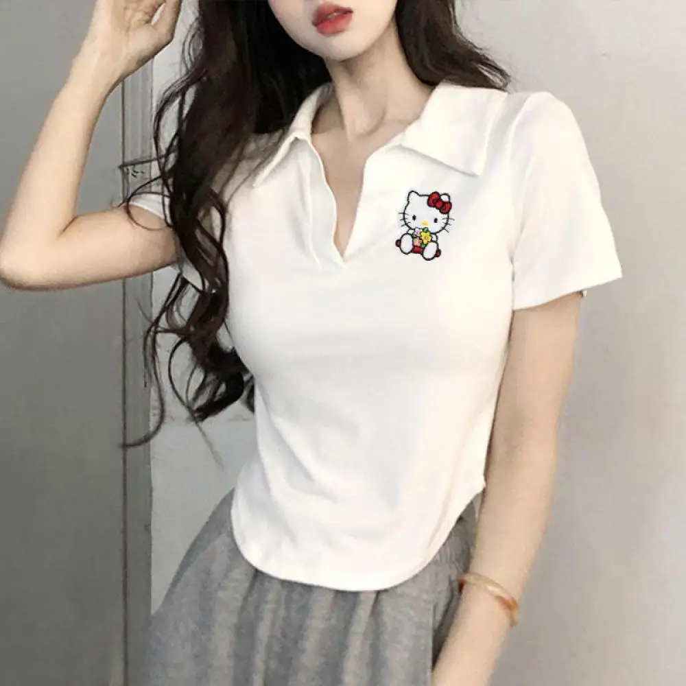 Sanrio Kawaii T-Shirt Hello Kitty Polo Collar V-Neck Anime Short Sleeve Summer Costume French Kt Top Girl Slim Fit Casual Trend